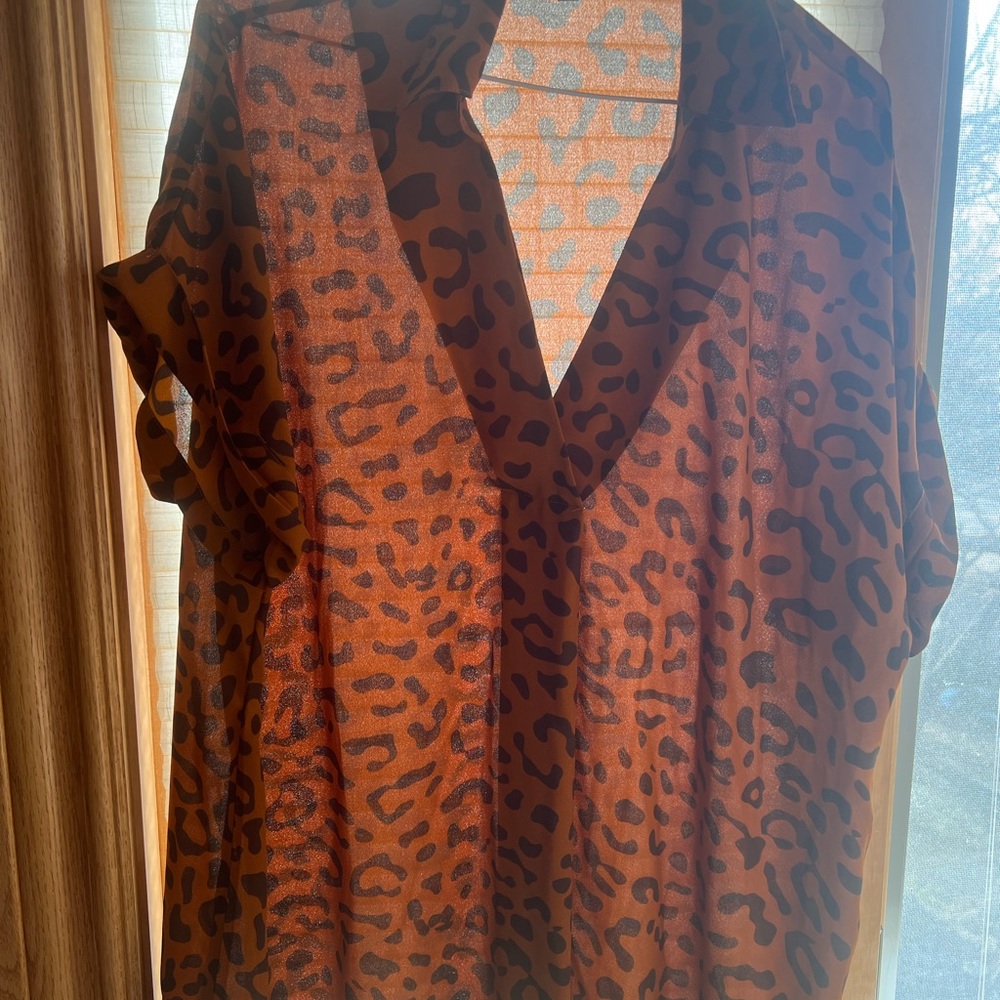 CAbi leopard blouse, orange, and brown